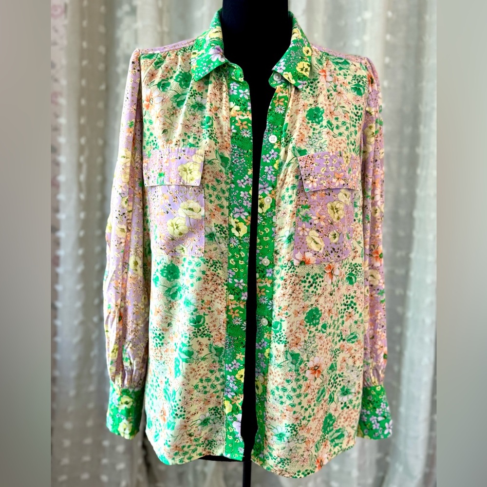 LOFT Green and Purple Floral Button-Down Shirt